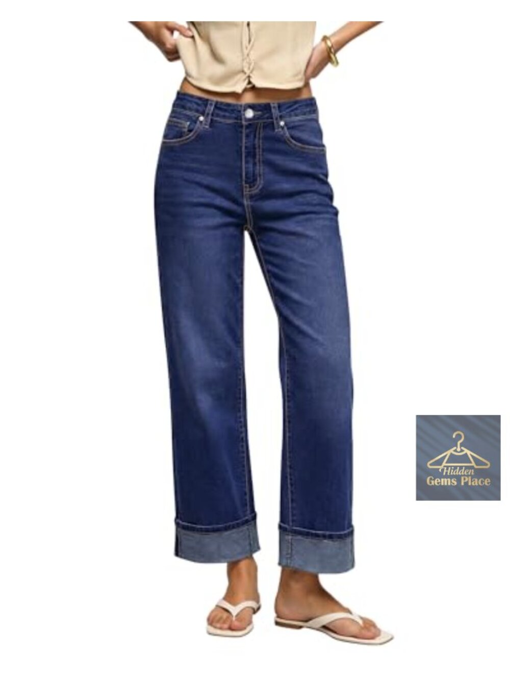 High Waisted Wide Leg Crop Jeans Women Stretchy Denim Cuffed Hem Trendy 2025